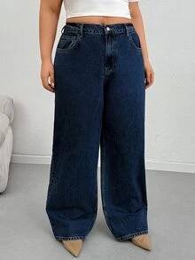 SHEIN Plus Size Women Casual Versatile Pocketed Button Loose Denim Jeans - Medium Wash - View 1