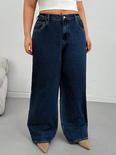 SHEIN Plus Size Women Casual Versatile Pocketed Button Loose Denim Jeans