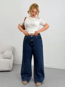 SHEIN Plus Size Women Casual Versatile Pocketed Button Loose Denim Jeans - Medium Wash - View 4