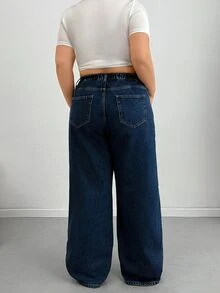 SHEIN Plus Size Women Casual Versatile Pocketed Button Loose Denim Jeans - Medium Wash - View 2