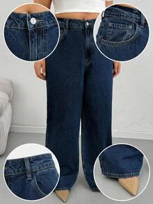 SHEIN Plus Size Women Casual Versatile Pocketed Button Loose Denim Jeans - Medium Wash - View 8
