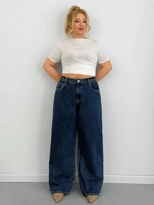 SHEIN Plus Size Women Casual Versatile Pocketed Button Loose Denim Jeans - Medium Wash - View 5