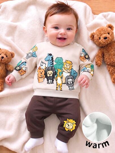 Newborn Baby Boy Clothes Cute Cartoon Animal Safari Print Long Sleeve Sweatshirt And Jogger Pants Set Fall Winter Tracksuit 2Pcs Outfit