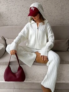 EURMUSE WOMEN'S WEAR Cable Knit Zip Cardigan & Wide Leg Pants Set - كريم - مشاهدة 4