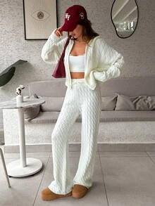 EURMUSE WOMEN'S WEAR Cable Knit Zip Cardigan & Wide Leg Pants Set - كريم - مشاهدة 11