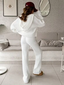 EURMUSE WOMEN'S WEAR Cable Knit Zip Cardigan & Wide Leg Pants Set - كريم - مشاهدة 5
