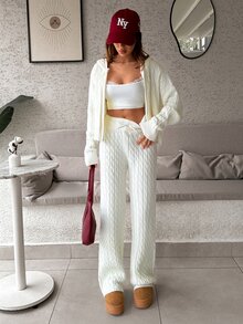 EURMUSE WOMEN'S WEAR Cable Knit Zip Cardigan & Wide Leg Pants Set - كريم - مشاهدة 6