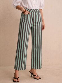 Poéselle Women's Fashion Versatile Button Pocket Striped Denim Jeans - Multicolor - View 6