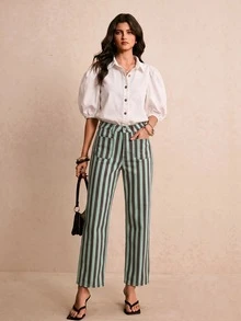 Poéselle Women's Fashion Versatile Button Pocket Striped Denim Jeans - Multicolor - View 5