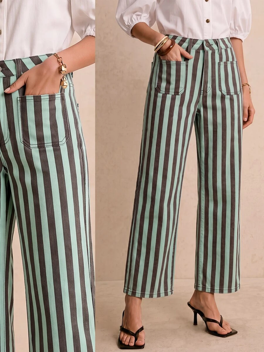 Poéselle Women's Fashion Versatile Button Pocket Striped Denim Jeans