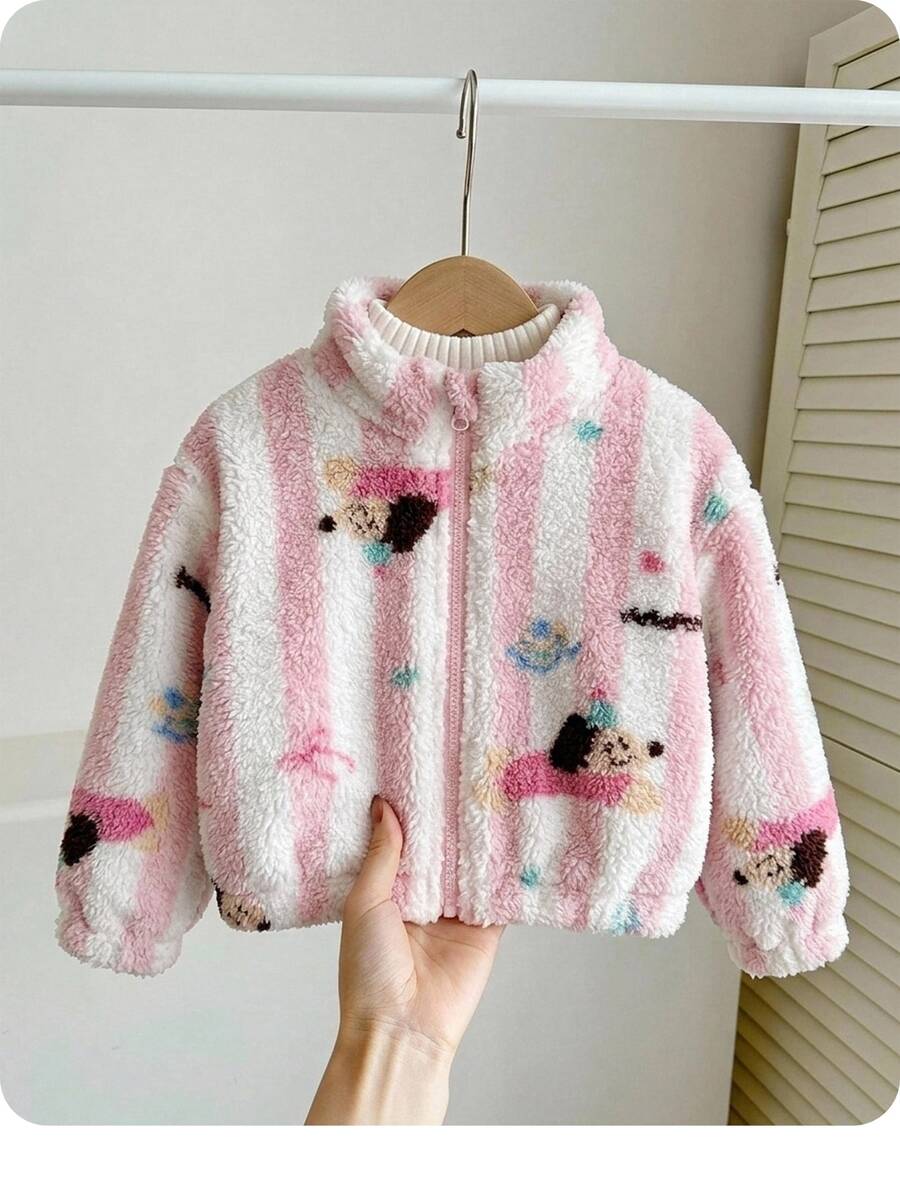 SHEIN Babygirl Cute Versatile Casual Fuzzy Ditsy Floral Long Sleeve Winter Jacket - Baby Pink - View 1