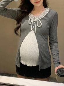 Dazy Maternity 拼接 2 合 1 修身長袖抓皺蕾絲前綁帶休閒度假韓風春夏秋冬孕婦 T 恤 - 灰色 - 查看 5