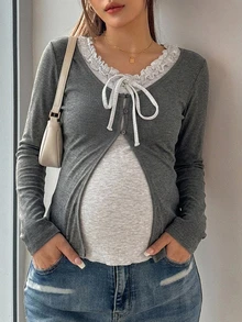 Dazy Maternity 拼接 2 合 1 修身長袖抓皺蕾絲前綁帶休閒度假韓風春夏秋冬孕婦 T 恤 - 灰色 - 查看 4