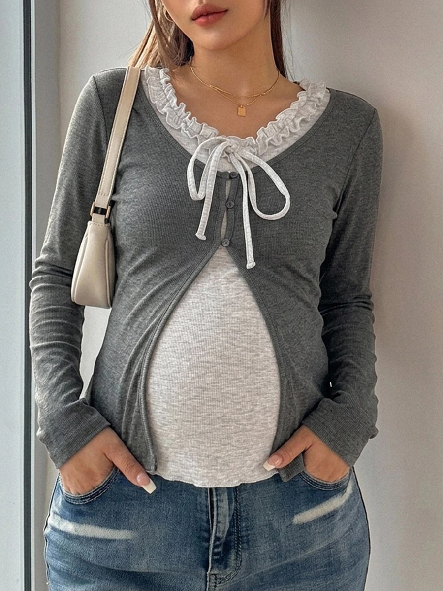 Dazy Maternity Patchwork 2 In 1 Fitted Long Sleeve Ruched Lace Tie-Front Casual Vacation Korean Style Spring Autumn Maternity T-Shirt - Grey - View 1