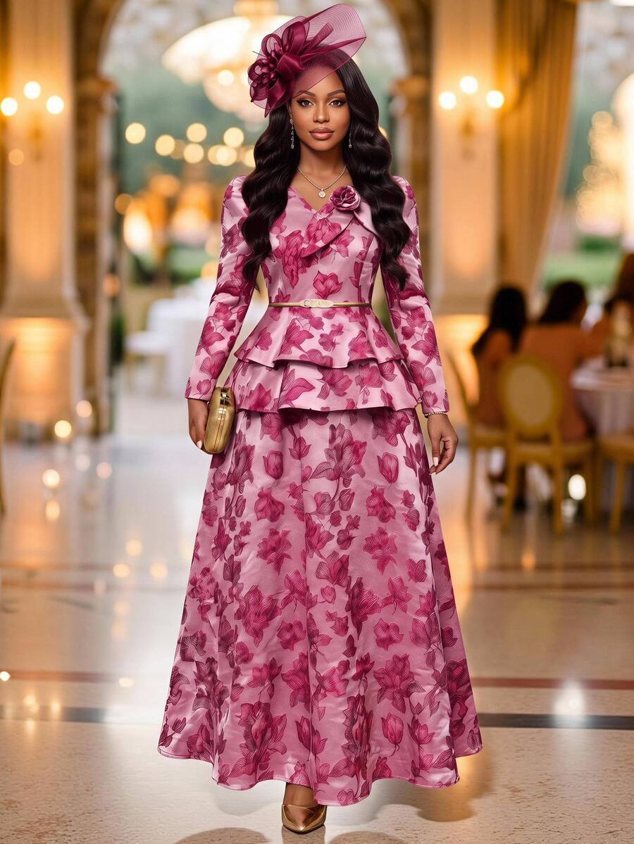 Fleurora Setelan 2 Potong Atasan Lengan Panjang dan Rok Motif Bunga 3D untuk Wanita Ukuran Besar - Hot Pink - View 1