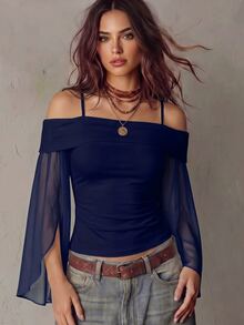 SHEIN Franclia Women's Elegant Off-Shoulder Long Sleeve White T-Shirt - Navy Blue - View 4