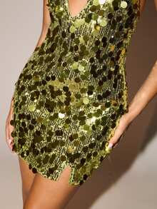 Glamine Women's Deep V-Neck Backless Spaghetti Strap Slim Sequin Splicing Dress, Lime Green Summer 70s Party Short Graduation Date Night Vacation Outfit - Green - View 5