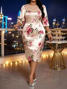 SHEIN Lady Plus Size Women's Floral Print Casual Party Dress Fall - Multicolor - View 4
