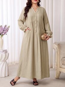 Veilorie Plus Size Women's Solid Color Notch V-Neck Long Sleeve Pocket Loose Fit Dress - Apricot - View 4