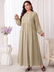 Veilorie Plus Size Women's Solid Color Notch V-Neck Long Sleeve Pocket Loose Fit Dress - Apricot - View 7