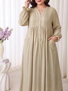 Veilorie Plus Size Women's Solid Color Notch V-Neck Long Sleeve Pocket Loose Fit Dress - Apricot - View 1