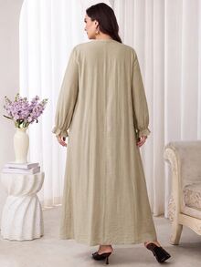 Veilorie Plus Size Women's Solid Color Notch V-Neck Long Sleeve Pocket Loose Fit Dress - Apricot - View 2
