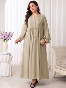 Veilorie Plus Size Women's Solid Color Notch V-Neck Long Sleeve Pocket Loose Fit Dress - Apricot - View 3