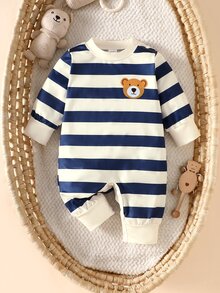 SHEIN Jumpsuit Bayi Baru Lahir Motif Beruang Garis-garis Putih dan Biru Tua yang Lucu, Lengan Panjang, Kerah Bulat, Set Romper Bayi Musim Gugur, Cocok untuk Keluarga - Navy Blue - View 5