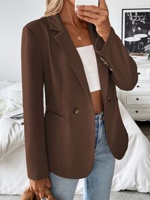 SHEIN Solid Color Casual Commuter Fashion Versatile Suit Jacket, For Spring And Autumn Fall Cloth For Women - Coffee Brown - View 1