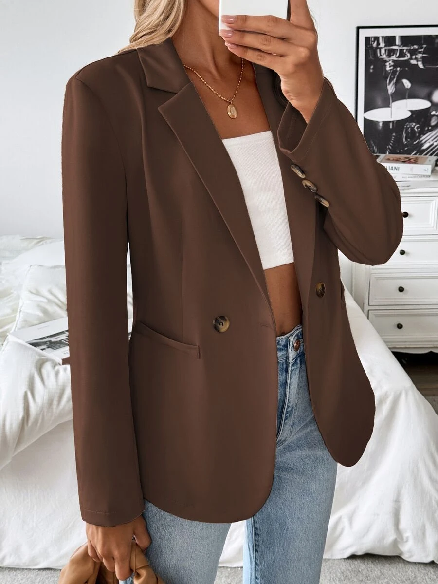 SHEIN Solid Color Casual Commuter Fashion Versatile Suit Jacket, For Spring And Autumn Fall Cloth For Women - Coffee Brown - View 1
