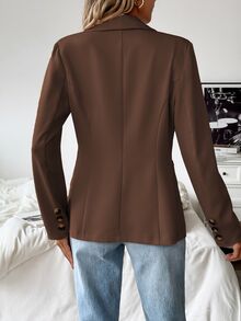 SHEIN Solid Color Casual Commuter Fashion Versatile Suit Jacket, For Spring And Autumn Fall Cloth For Women - Coffee Brown - View 2