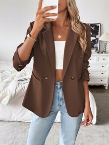 SHEIN Solid Color Casual Commuter Fashion Versatile Suit Jacket, For Spring And Autumn Fall Cloth For Women - Coffee Brown - View 5
