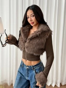 SHEIN PETITE Jaket Rajut Lengan Panjang Wanita Ukuran Petite dengan Kerah Bulu Imitasi Cokelat dan Detail Panel - Coklat - View 8
