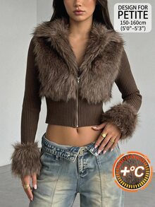 SHEIN PETITE Jaket Rajut Lengan Panjang Wanita Ukuran Petite dengan Kerah Bulu Imitasi Cokelat dan Detail Panel - Coklat - View 5