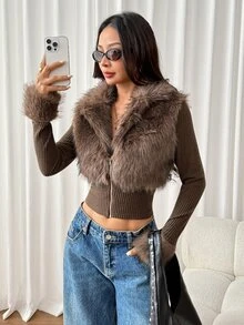 SHEIN PETITE Jaket Rajut Lengan Panjang Wanita Ukuran Petite dengan Kerah Bulu Imitasi Cokelat dan Detail Panel - Coklat - View 6