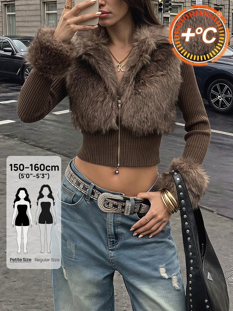 SHEIN PETITE Jaket Rajut Lengan Panjang Wanita Ukuran Petite dengan Kerah Bulu Imitasi Cokelat dan Detail Panel - Coklat - View 1