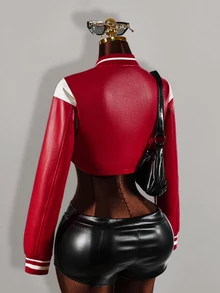 Amplova Jaket Pendek Wanita Bahan PU dengan Motif Huruf Blok Warna - Merah - View 13