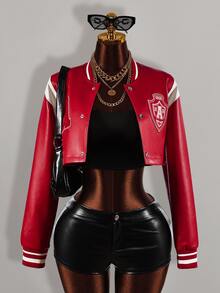 Amplova Jaket Pendek Wanita Bahan PU dengan Motif Huruf Blok Warna - Merah - View 5