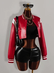 Amplova Jaket Pendek Wanita Bahan PU dengan Motif Huruf Blok Warna - Merah - View 7