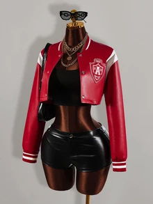 Amplova Jaket Pendek Wanita Bahan PU dengan Motif Huruf Blok Warna - Merah - View 6