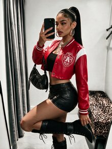 Amplova Jaket Pendek Wanita Bahan PU dengan Motif Huruf Blok Warna - Merah - View 14