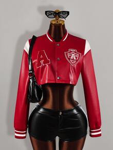 Amplova Jaket Pendek Wanita Bahan PU dengan Motif Huruf Blok Warna - Merah - View 11