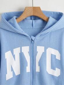 SHEIN طقم بناتي من قطعتين بلون سادة، جاكيت رياضي بغطاء رأس وأكمام طويلة مع طباعة Cool Girl، وبنطال بقصة مستقيمة فضفاضة، للخريف والمدرسة، أزرق فاتح وأزرق بودري - الأزرق - مشاهدة 3