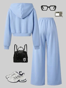 SHEIN طقم بناتي من قطعتين بلون سادة، جاكيت رياضي بغطاء رأس وأكمام طويلة مع طباعة Cool Girl، وبنطال بقصة مستقيمة فضفاضة، للخريف والمدرسة، أزرق فاتح وأزرق بودري - الأزرق - مشاهدة 2