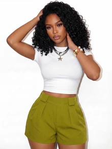 Zolique Women's Casual Everyday Commute Solid Color Pleated Slant Pocket Shorts, Belt Not Included - Green - View 7