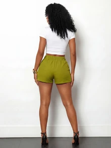 Zolique Women's Casual Everyday Commute Solid Color Pleated Slant Pocket Shorts, Belt Not Included - Green - View 4