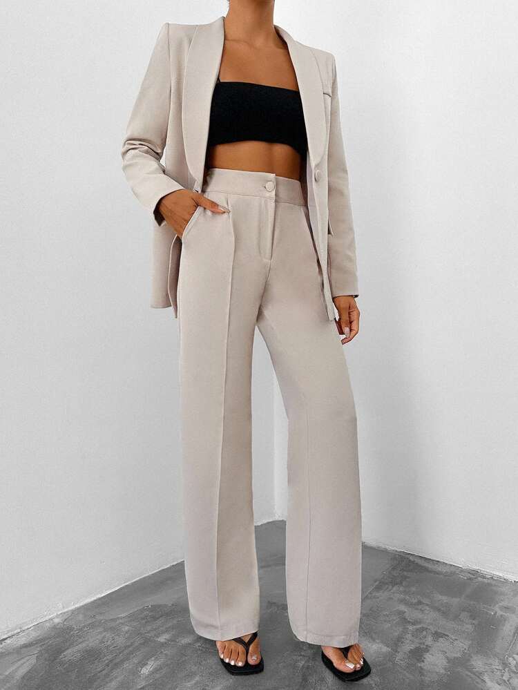 SHEIN Tall Women's Beige Shawl Collar Blazer High Waist Pants Suit Set Office Business Autumn Casual Business Professional - Apricot - View 8