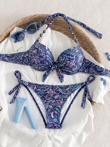 SHEIN Swim 女款夏季海灘全印花掛脖綁帶性感比基尼三角褲兩件式泳衣套裝 - 藏蓝色 - 查看 4