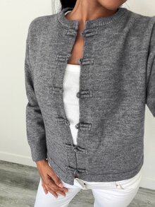 Elenzga Cardigan Wanita Gaya Cina Vintage dengan Kancing Katak, Warna Polos - Grey - View 4