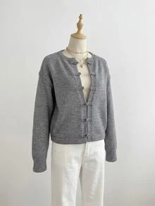 Elenzga Cardigan Wanita Gaya Cina Vintage dengan Kancing Katak, Warna Polos - Grey - View 7